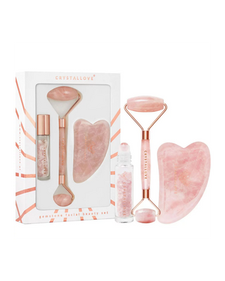 Facial Roller + Gua Sha Plate + Roll-On Bottle Rose Quartz Beauty Set Crystallove - 1