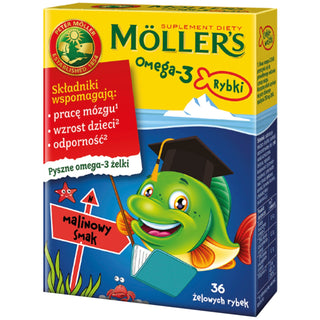 Dietary supplement with omega-3 fatty acids raspberry flavored fish Moller's 36 jelly beans