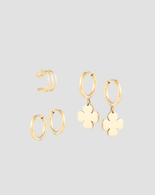 Gold-Plated Clover Hoop Earrings & Ear Cuff Set Mys_1 - 1