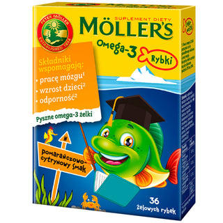 Dietary supplement with omega-3 fatty acids Moller's orange and lemon flavored fish 36 jelly beans - 1