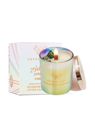 Soy Candle with Rainbow Fluorite and Pink Champagne in Glass Container Crystallove - 1