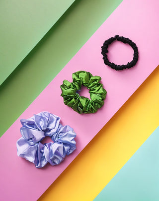 Set of 100% natural silk hair elastics - purple, green, black Twisty 3 pcs. - 3