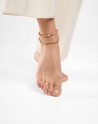 Gold plated stainless steel ankle bracelet with pink and lemon jade Mys_1 - 2