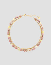 Gold plated stainless steel ankle bracelet with pink and lemon jade Mys_3